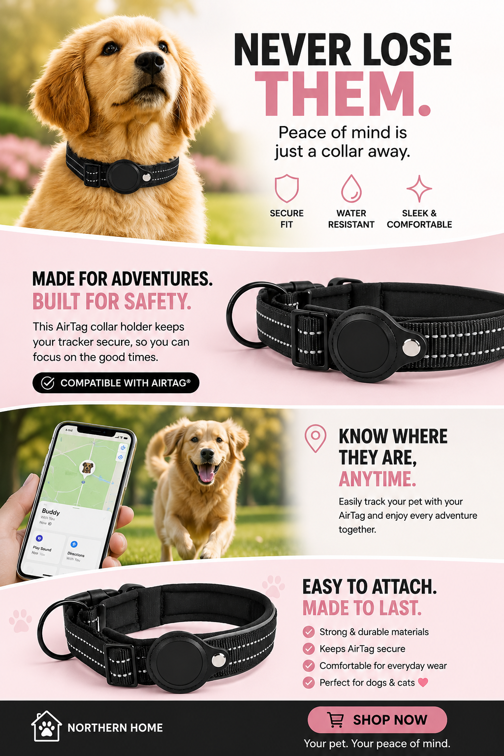 Reflective Dog Collar Compatible with AirTag